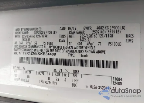 2019 Ford Transit-250 z USA, uszkodzony, nr VIN 1FTYR1ZM4KKB34408